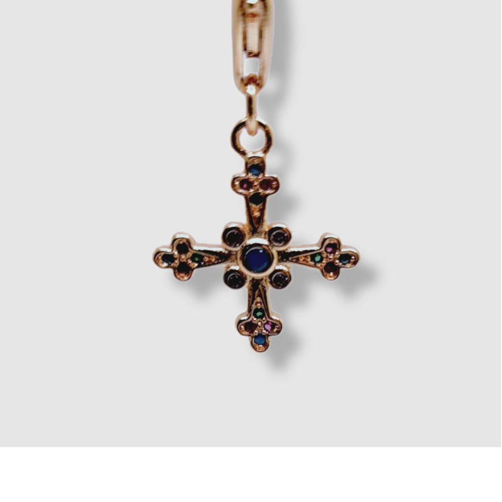 18KRG Plated Round Chalcedony Amethyst Ruby Emerald Celtic Cross Charm